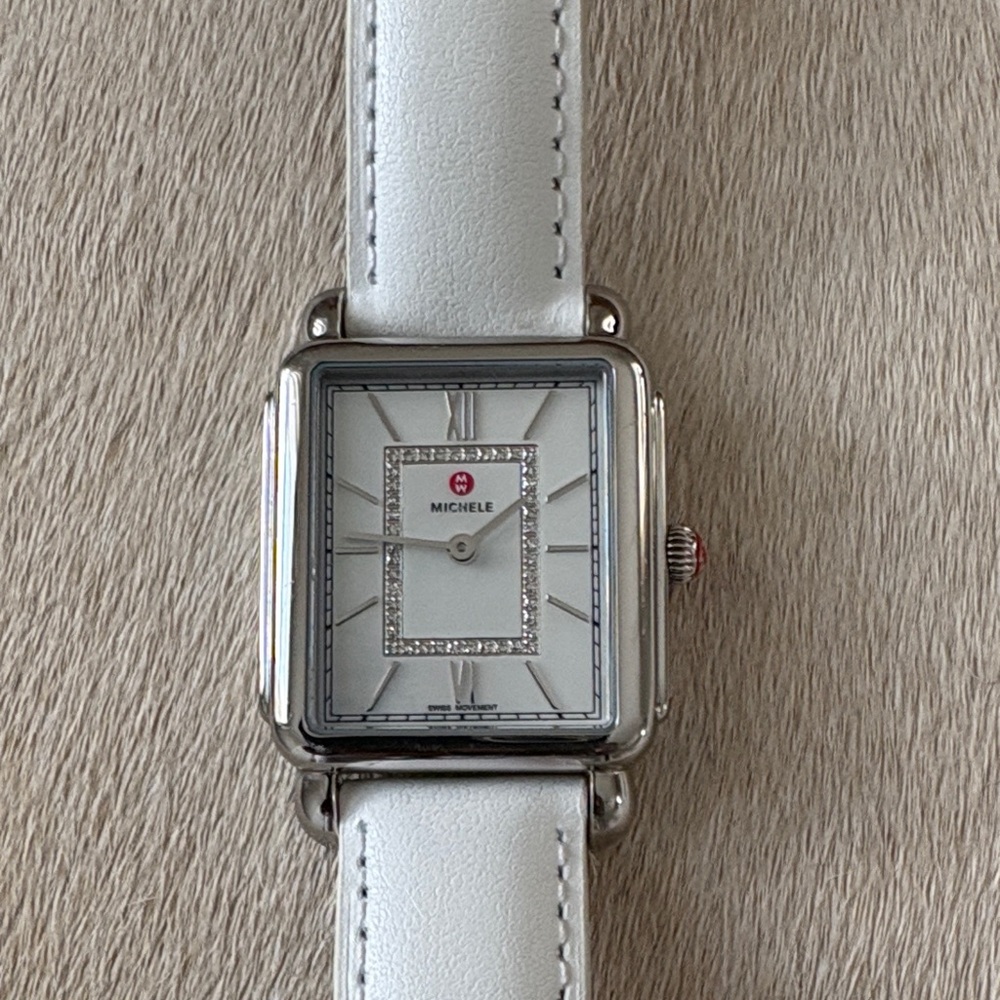 Michele Silver Case with White Strap Watch
